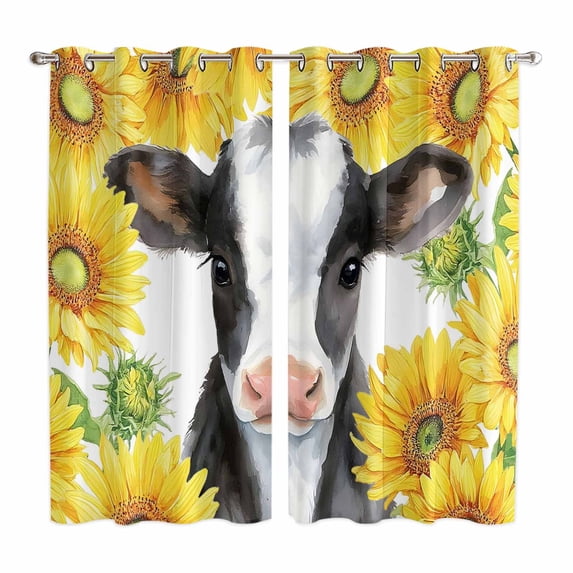 Curtains 84 Inches Long 2 Panels, Cow Sunflowers Grommets Window Treatment Curtain, Farmhouse Country Watercolor Animals Floral Thermal Curtains Drapes for Living Room/Bathroom