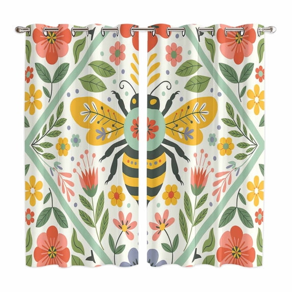 Curtains 84 Inches Long 2 Panels, Flowers Bee Grommets Window Treatment Curtain, Retro Country Botanical Floral Plants Dots Thermal Curtains Drapes for Living Room/Bathroom