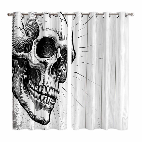 Curtains 84 Inches Long 2 Panels, Horror Skull Grommets Window Treatment Curtain, Black Skeleton Spooky Halloween Thermal Curtains Drapes for Living Room/Bathroom