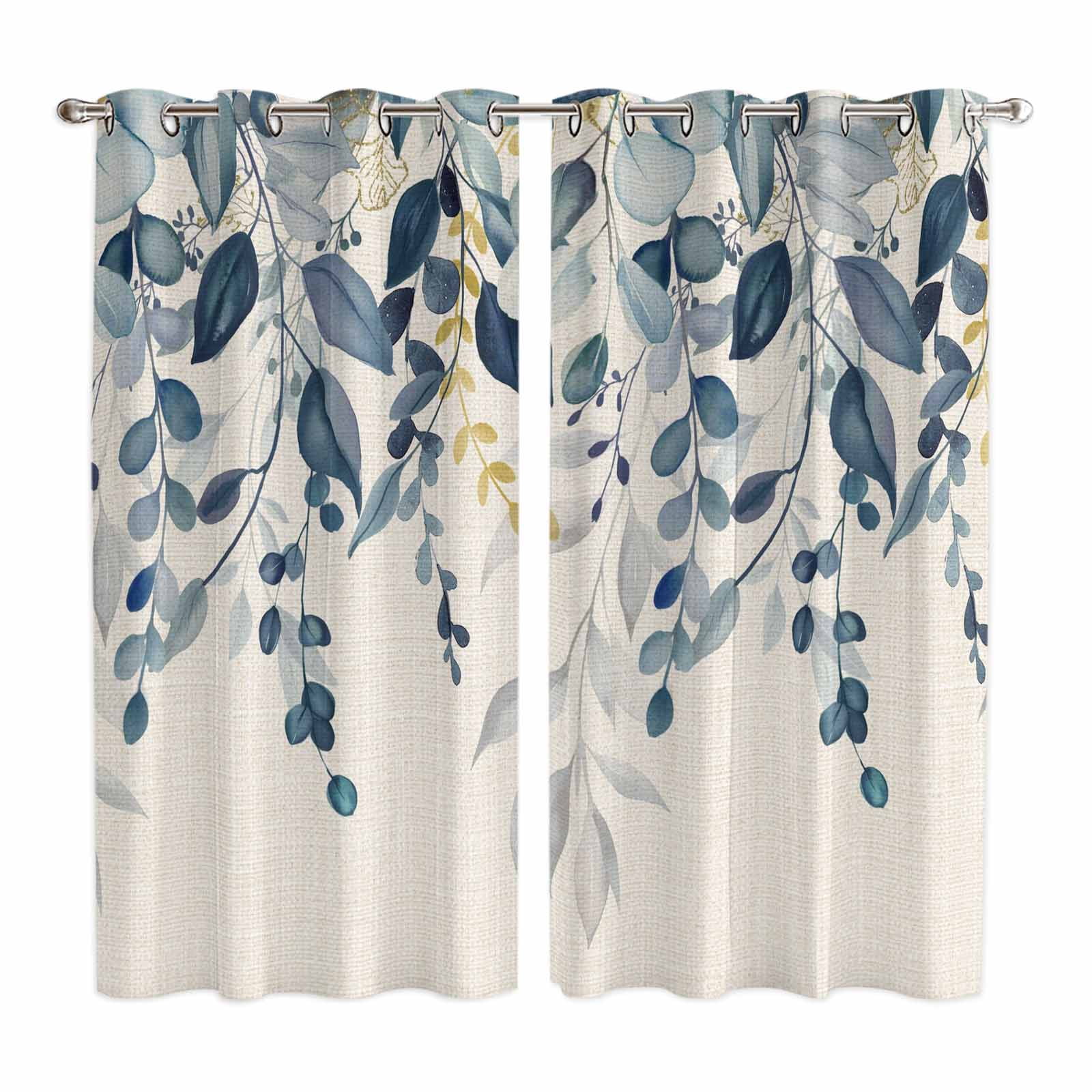 Curtains 84 Inches Long 2 Panels, Navy Blue Eucalyptus Grommets Window Treatment Curtain, Farmhouse Weeping Leaves Linen Thermal Curtains Drapes for Living Room/Bathroom