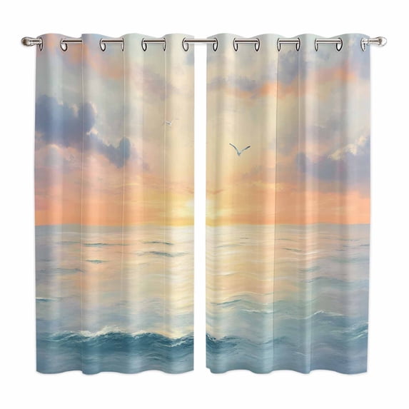Curtains 84 Inches Long 2 Panels, Ocean Sunset Grommets Window Treatment Curtain, Modern Orange Blue Oil Painting Seagull Thermal Curtains Drapes for Living Room/Bathroom
