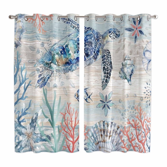 Curtains 84 Inches Long 2 Panels, Ocean Turtle Grommets Window Treatment Curtain, Coral Vintage Blue Shell Coastal Conch Thermal Curtains Drapes for Living Room/Bathroom