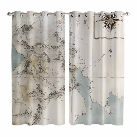 Curtains 84 Inches Long 2 Panels, Retro Map Grommets Window Treatment Curtain, Middle Century Rustic Mountain Ocean Landscape Thermal Curtains Drapes for Living Room/Bathroom