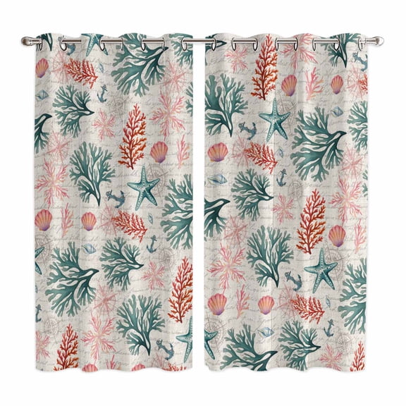 Curtains 84 Inches Long 2 Panels, Sage Green Red Coral Grommets Window Treatment Curtain, Coastal Nautical Summer Beach Thermal Curtains Drapes for Living Room/Bathroom
