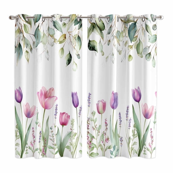 Curtains 84 Inches Long 2 Panels, Spring Flowers Grommets Window Treatment Curtain, Botanical Tulips Eucalyptus Leaves Thermal Curtains Drapes for Living Room/Bathroom