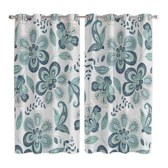 Curtains 84 Inches Long 2 Panels, Teal Paisley Floral Grommets Window Treatment Curtain, Boho Vintage Flowers Ethnic Thermal Curtains Drapes for Living Room/Bathroom