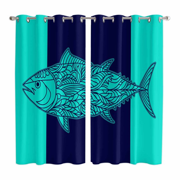 Curtains 84 Inches Long 2 Panels, Tropical Fish Grommets Window Treatment Curtain, Mandalas Boho Modern Green Abstract Stripe Thermal Curtains Drapes for Living Room/Bathroom