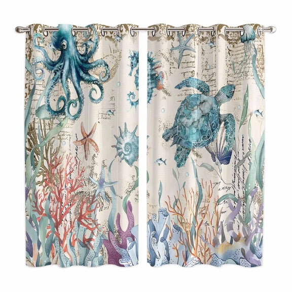 Curtains 84 Inches Long 2 Panels, Vintage Coastal Grommets Window Treatment Curtain, Sea Turtle Octopus Coral Beach Nautical Thermal Curtains Drapes for Living Room/Bathroom