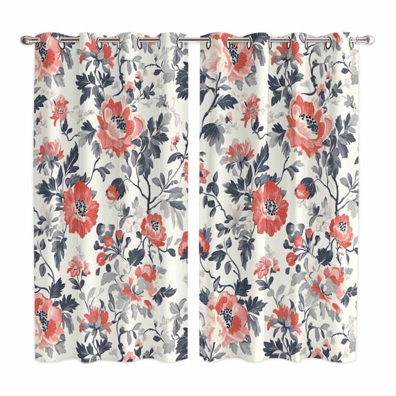 Curtains 84 Inches Long 2 Panels, Vintage Red Black Grommets Window Treatment Curtain, Country Watercolor Flower Leaf Plant Thermal Curtains Drapes for Living Room/Bathroom