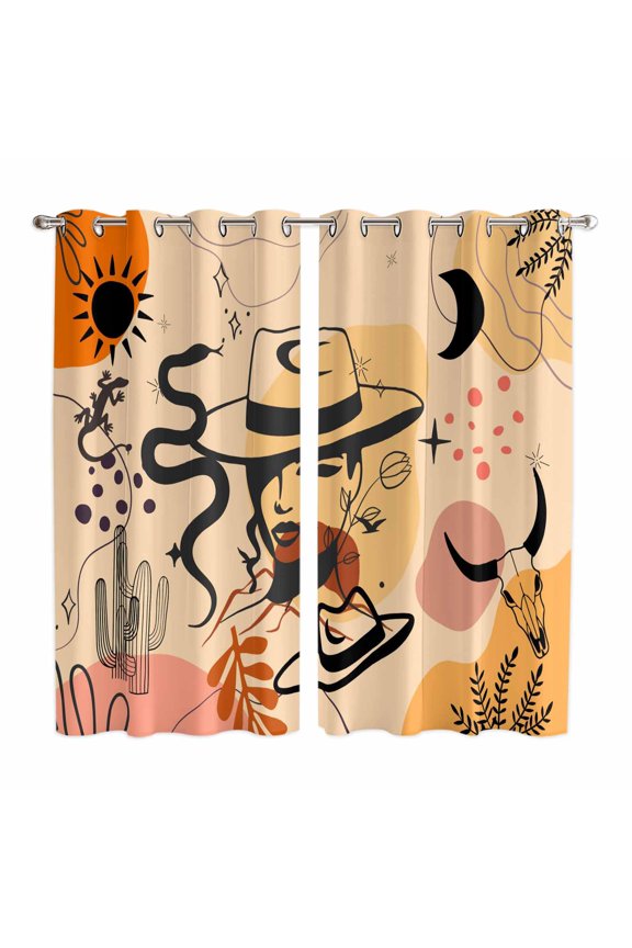 Curtains 84 Inches Long 2 Panels, Western Boho Grommets Window Treatment Curtain, Vintage Cowboys Abstract Cactus Plant Beige Thermal Curtains Drapes for Living Room/Bathroom