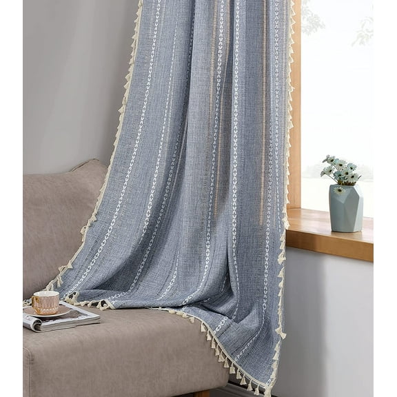 Curtains for Bedroom Living Room 63 Inch Length Light Blue Country Farmhouse Cottage Window Curtain Panels Embroidery Striped Tassel Draperies (63L x 52W, Blue)