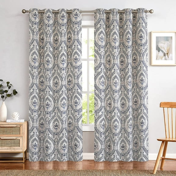 Curtains for Bedroom, Room Darkening Curtains 84 Inch Length 2 Panels Set, Linen Textured Medallion Drapes for Living Room, Vintage Damask Pattern Window Treatments, Blue on Greige