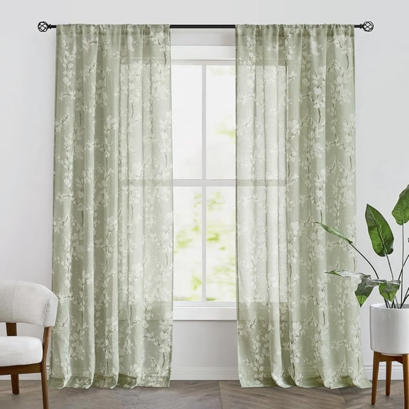 Curtains For Bedroom, Sage Green Blossom Print Curtains For Living Room,Floral Patterned Farmhouse Curtain Light Filtering Window Drapes 2 Panels, Rod Pocket