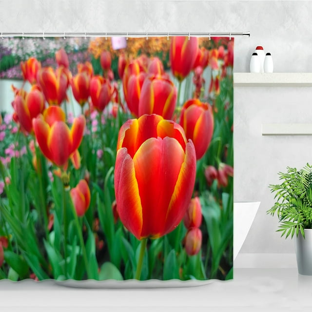 Curtains Decor Bathroom Waterproof Modern Scenery Natural Garden Butterfly Flowers Spring Set Curtain Shower Tulip Color Floral