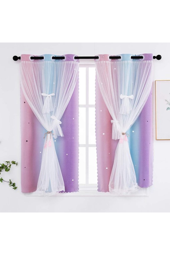 Curtains for Girls Bedroom Kids Curtain Baby Nursery Hollow-Out Star Window Curtain 63 inches Length Room Darkening Grommet 2 Layers(Pink Purple Green, W52 X L63")