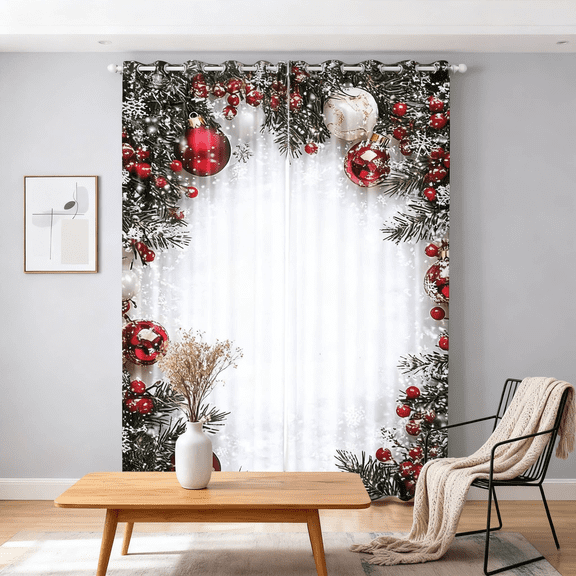 Curtains Printed With Christmas Balls, 2 Pieces Easy-to-Hang 2D Print Curtains, Christmas Ball Holiday Printed Style + Snowflakes & Pine Branches for Festive Decor