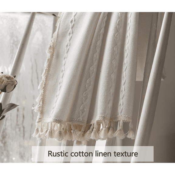 Curtains Semi-Blackout 84 Inch 2 Panels for Living Room, Linen Tassels Farmhouse Curtains with Embroidery for Bedroom Rod Pocket Draperies 52" W x 84" L, Off White
