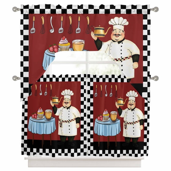 Curtains Swag and Tiers Curtains Set, Chef Valances with Kitchen Tier Curtain 36 Inches Long, Cartoon Red Food Cooking Black White Buffalo Check Swag Light Filtering Curtains for Sink/Laundry Room