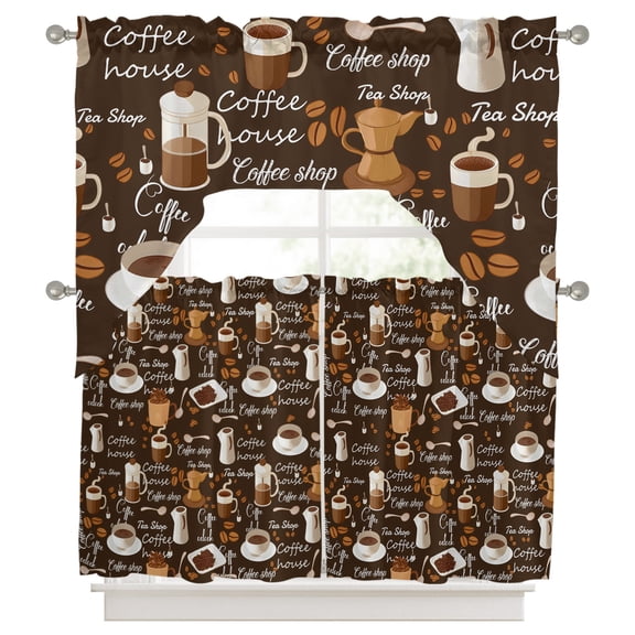 Curtains Swag and Tiers Curtains Set, Coffee Valances with Kitchen Tier Curtain 36 Inches Long, Brown Retro Coffee Theme Beans Latte Tea Cup Swag Light Filtering Curtains for Sink/Laundry Room