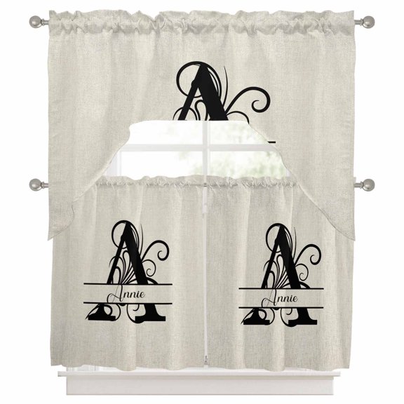 Curtains Swag and Tiers Curtains Set, Letter A Valances with Kitchen Tier Curtain 36 Inches Long, Monogram Words Swag Light Filtering Curtains for Sink/Laundry Room