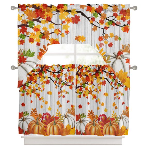 Curtains Swag and Tiers Curtains Set, Orange Pumpkins Fall Valances with Kitchen Tier Curtain 36 Inches Long, Maple Leaf Thanksgiving Botanical Vintage Swag Light Filtering Curtains for Over Sink