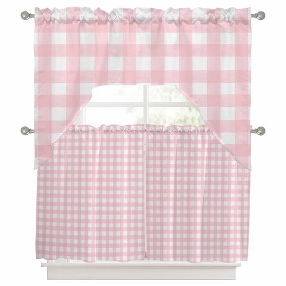 Curtains Swag and Tiers Curtains Set, Pink Buffalo Plaid Valances with Kitchen Tier Curtain 36 Inches Long, Farmhouse Pink White Checkered Swag Light Filtering Curtains for Sink/Laundry Room