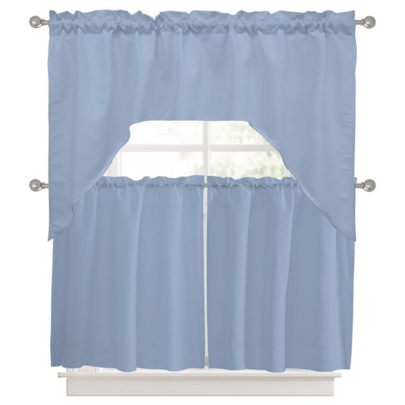 Curtains Swag and Tiers Curtains Set, Pure Light Blue Valances with Kitchen Tier Curtain 36 Inches Long, Simple Solid Color Swag Light Filtering Curtains for Sink/Laundry Room