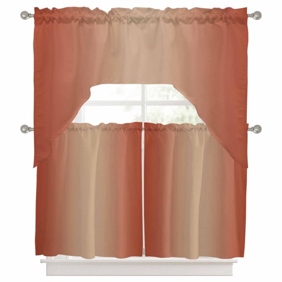 Curtains Swag and Tiers Curtains Set, Red Orange Ombre Valances with Kitchen Tier Curtain 36 Inches Long, Modern Gradient Abstract Art Swag Light Filtering Curtains for Sink/Laundry Room