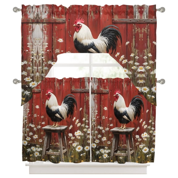 Curtains Swag and Tiers Curtains Set, Red Rooster Valances with Kitchen Tier Curtain 36 Inches Long, Farmhouse Animals Spring Floral Rustic Swag Light Filtering Curtains for Sink/Laundry Room