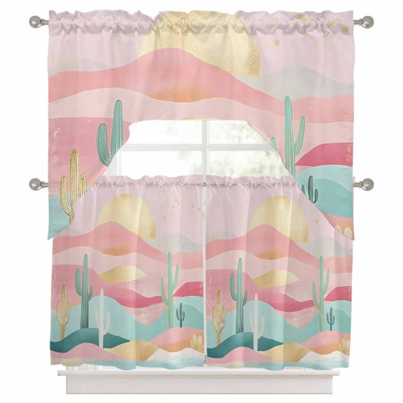 Curtains Swag and Tiers Curtains Set, South West Boho Valances with Kitchen Tier Curtain 36 Inches Long, Abstract Pink Gold Mountains Cactus Swag Light Filtering Curtains for Sink/Laundry Room