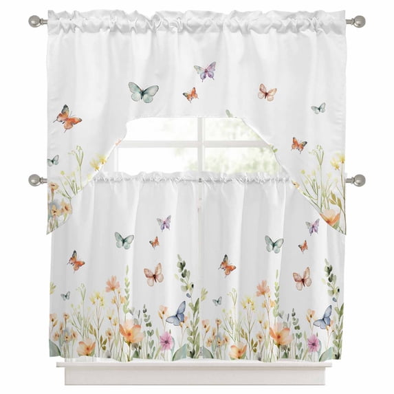 Curtains Swag and Tiers Curtains Set, Spring Floral Valances with Kitchen Tier Curtain 36 Inches Long, Butterfly Summer Botanical Watercolor Swag Light Filtering Curtains for Sink/Laundry Room