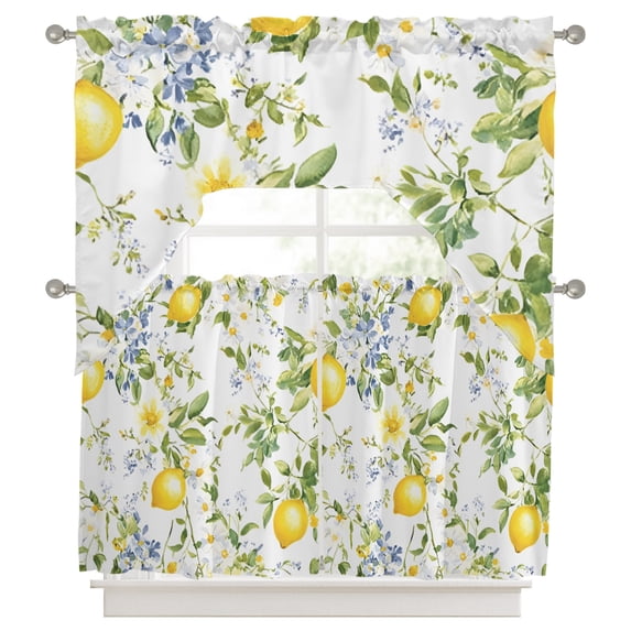Curtains Swag and Tiers Curtains Set, Summer Lemon Valances with Kitchen Tier Curtain 36 Inches Long, Watercolor Yellow Spring Floral Botanical Swag Light Filtering Curtains for Sink/Laundry Room