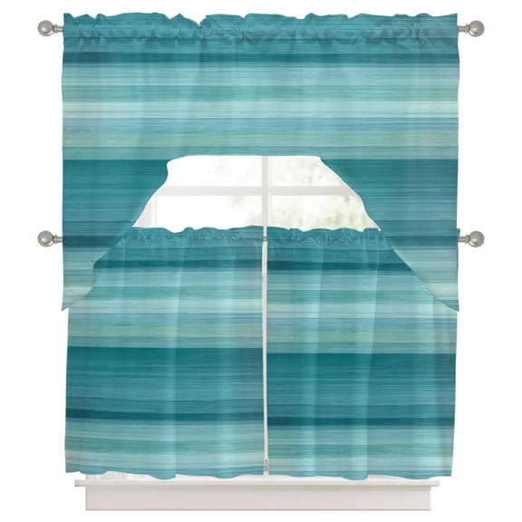 Curtains Swag and Tiers Curtains Set, Teal Turquoise Aqua Ombre Valances with Kitchen Tier Curtain 36 Inches Long, Contemporary Abstract Lines Swag Light Filtering Curtains for Sink/Laundry Room