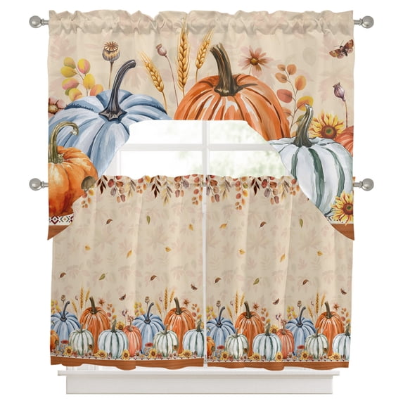 Curtains Swag and Tiers Curtains Set, Thanksgiving Fall Valances with Kitchen Tier Curtain 36 Inches Long, Rustic Retro Pumpkin Weeping Leaves Swag Light Filtering Curtains for Sink/Laundry Room