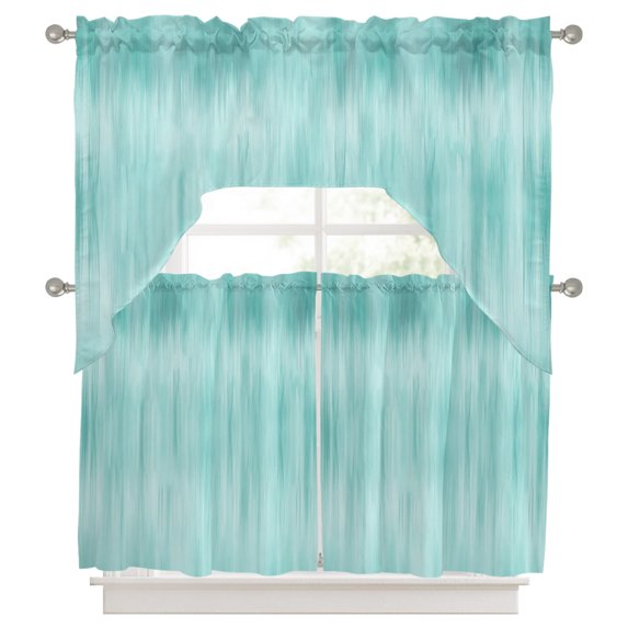 Curtains Swag and Tiers Curtains Set, Turquoise Valances with Kitchen Tier Curtain 36 Inches Long, Modern Abstract Art Ombre Striped Swag Light Filtering Curtains for Sink/Laundry Room