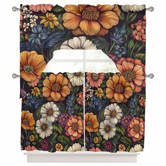 Curtains Swag and Tiers Curtains Set, Vintage Flower Valances with Kitchen Tier Curtain 36 Inches Long, Cottagecore Blooms Spring Botanical Swag Light Filtering Curtains for Sink/Laundry Room