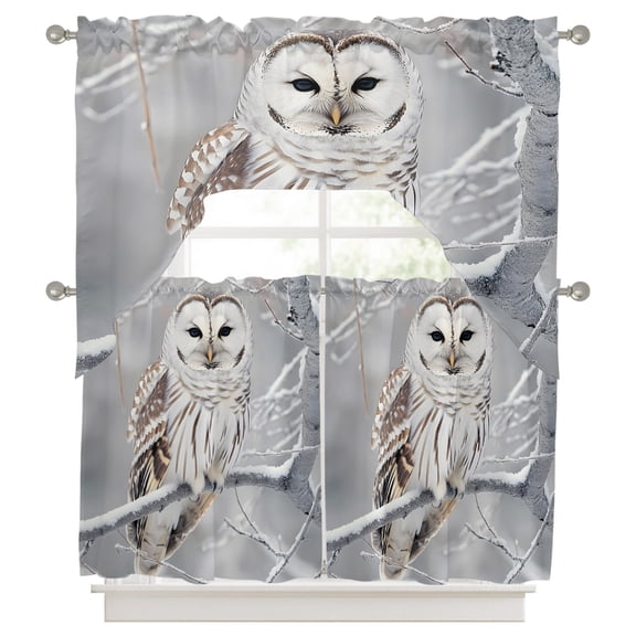 Curtains Swag and Tiers Curtains Set, Winter Owl Valances with Kitchen Tier Curtain 36 Inches Long, Country Birds Animal Tree Branches Snow Swag Light Filtering Curtains for Sink/Laundry Room