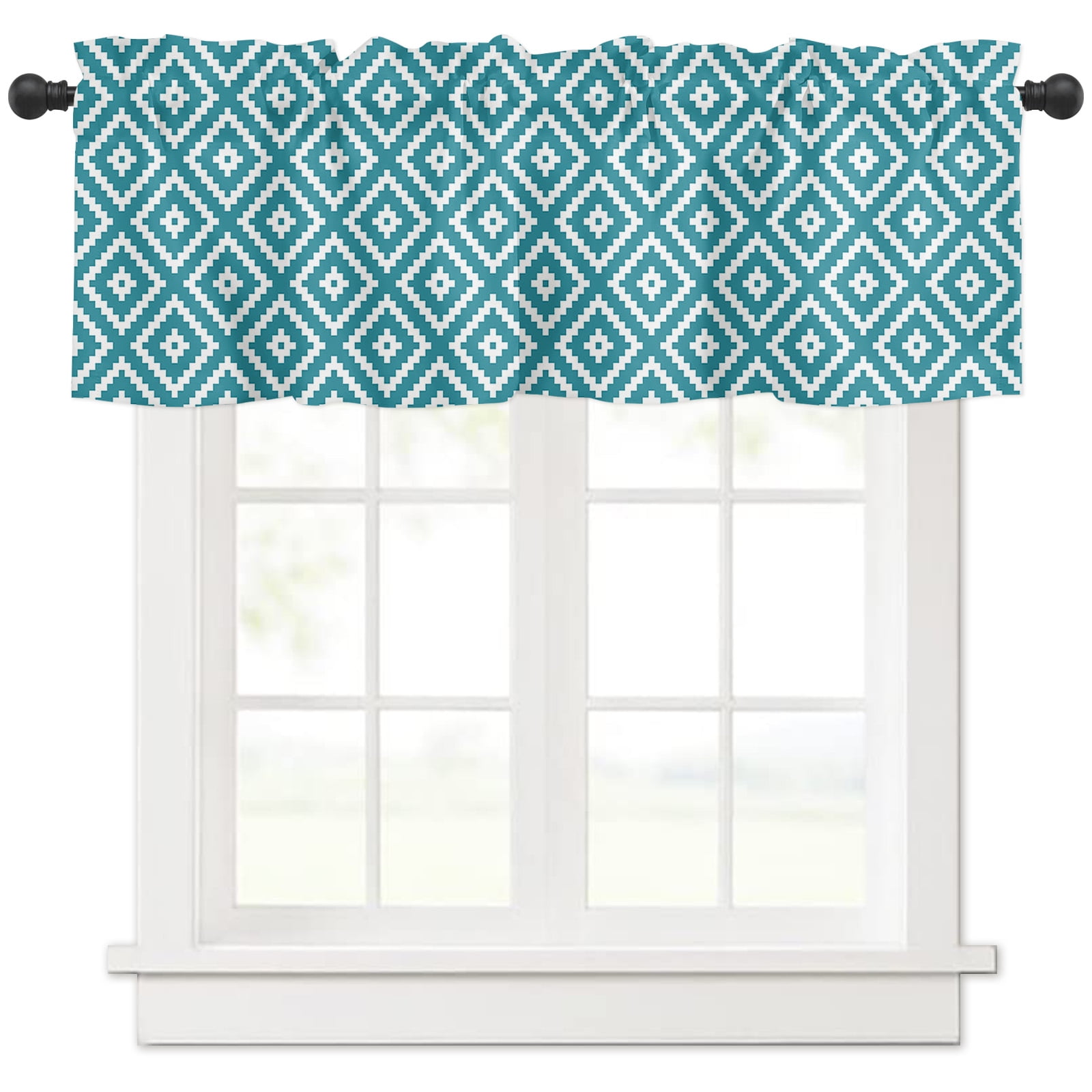 Curtains Valances, Blue And White Plaid Geometric Rod Pocket Short