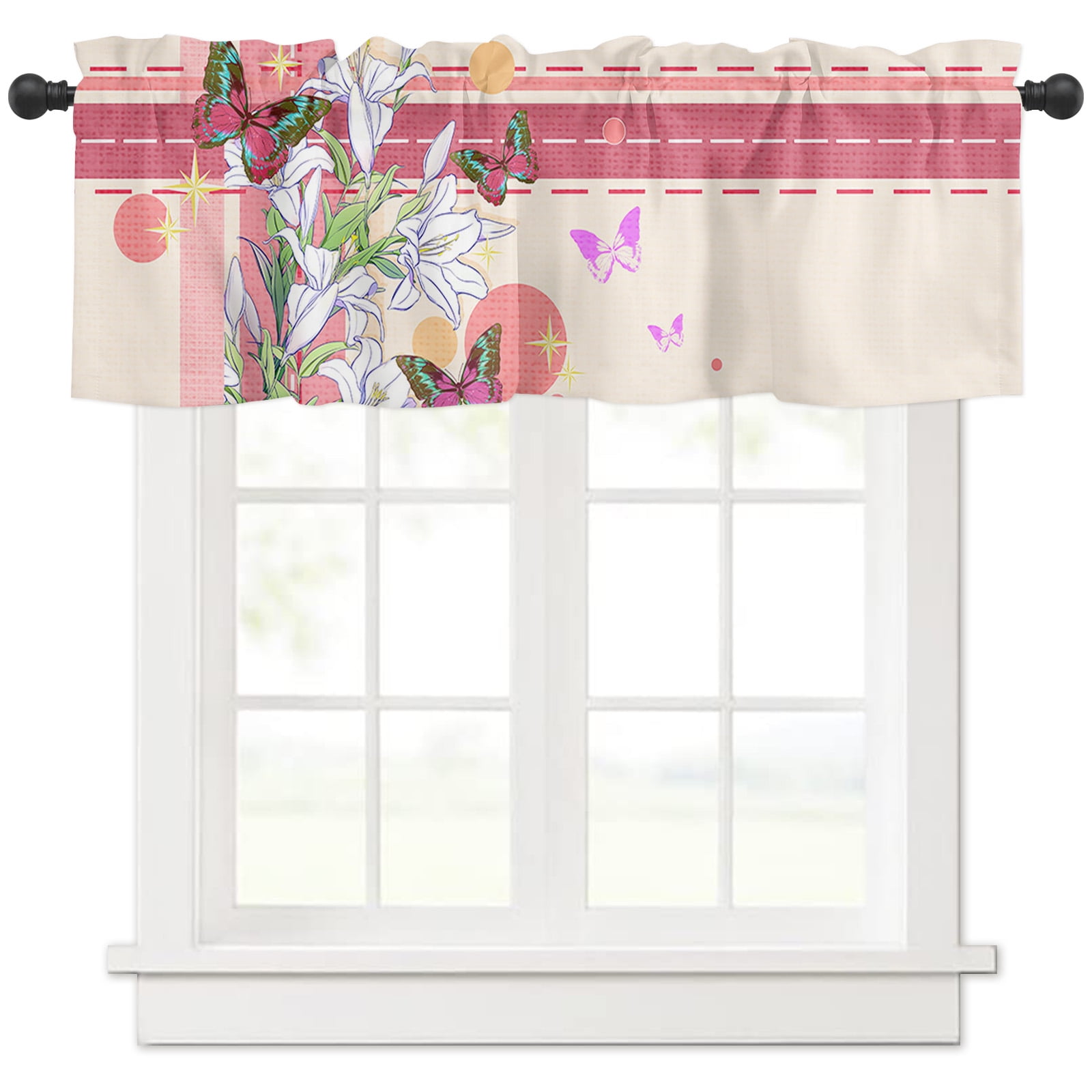 Curtains Valances, Butterfly Lily Flower Pink Stripe Valentine's Day