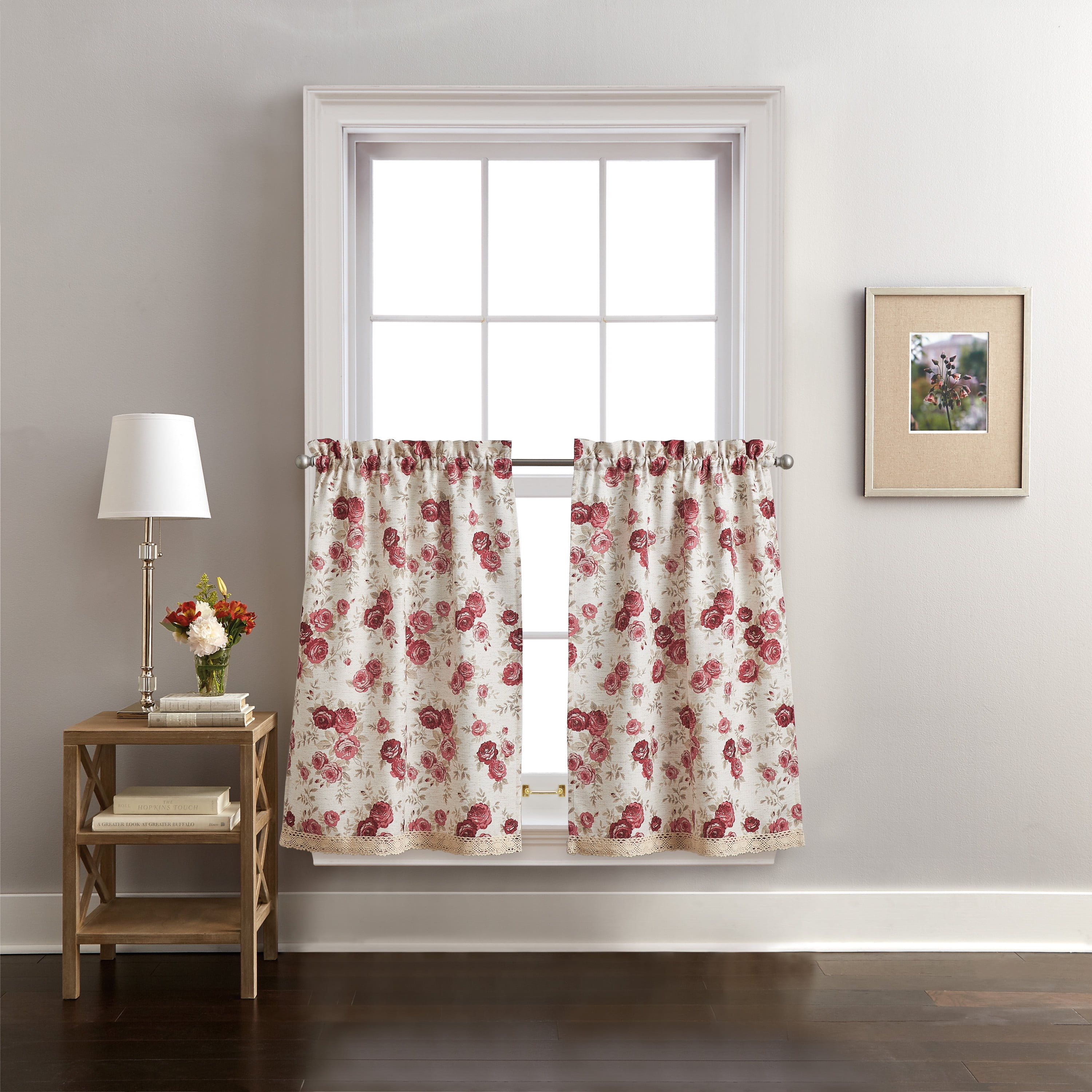Curtainworks Antique Rose Cotton, Polyester, Light Filtering, Rod Pocket Indoor Tier Pair , Red , 54"x 36" , Set of 2, Adult