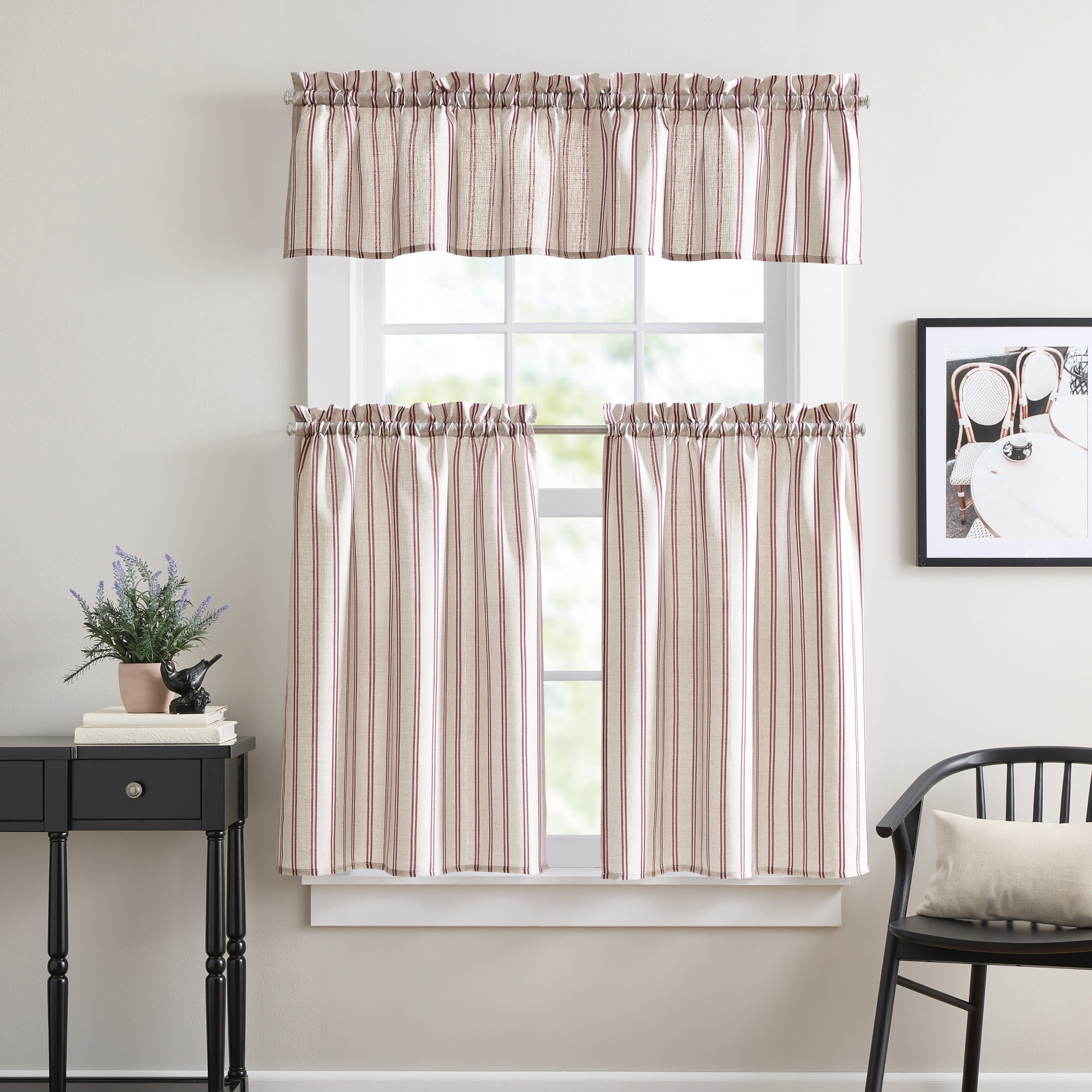 Curtainworks Banner Stripe 3 Piece Tier and Valance Set Red, Indoor, Pole Top, 56," x 14", Adult