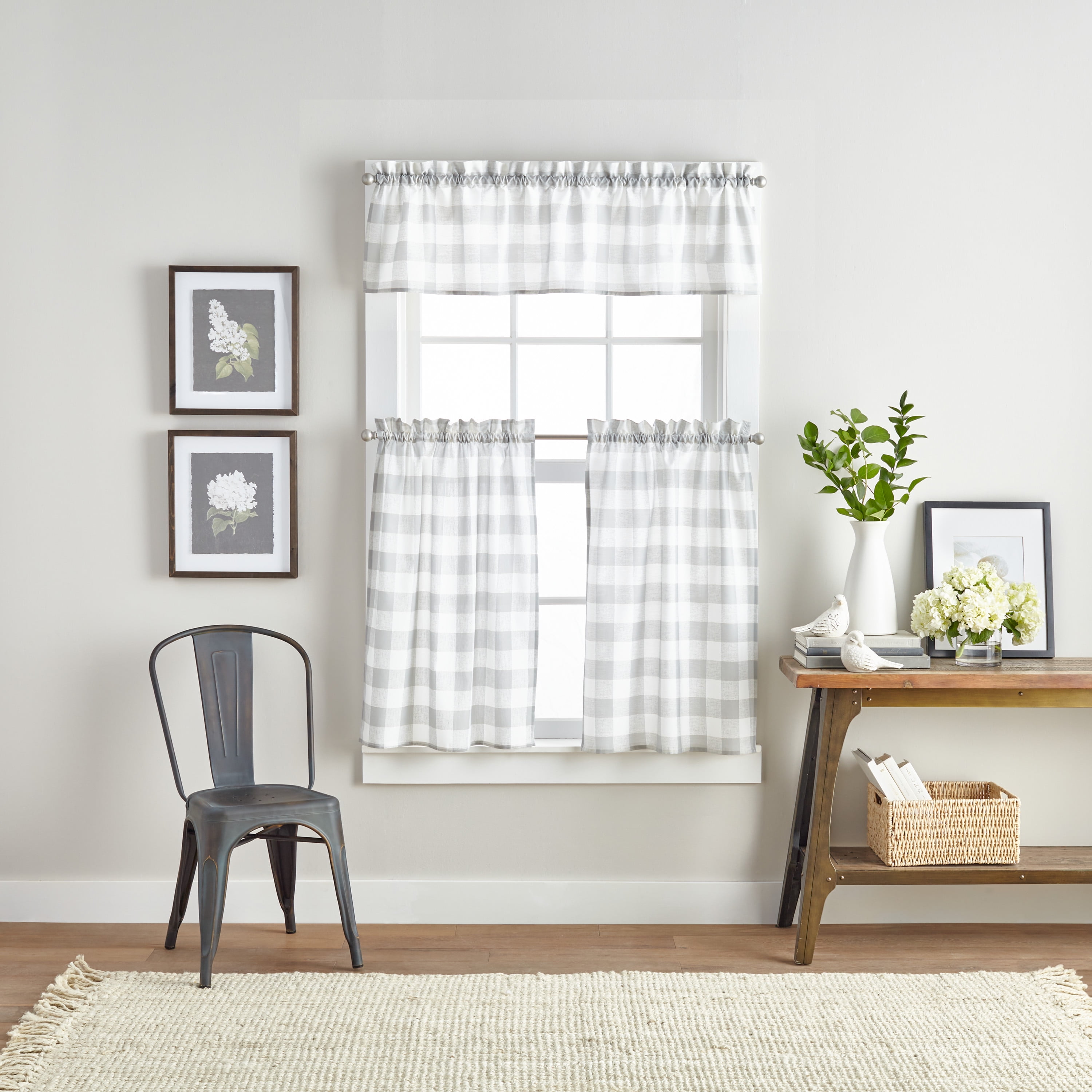 Gray and White Buffalo Check Polyester Cotton Valance and Tier Set
