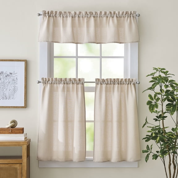 Curtainworks Eldridge Waffle 3 Piece Valance and Tier Set Linen, Indoor, Pole Top, 58" x 14", Adult