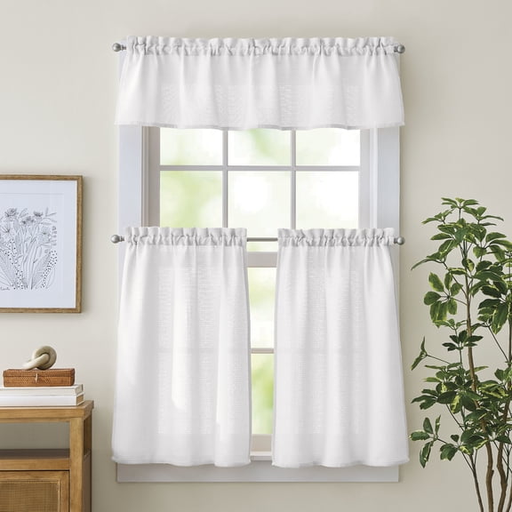 Curtainworks Eldridge Waffle 3 Piece Valance and Tier Set White, Indoor, Pole Top, 58" x 14", Adult