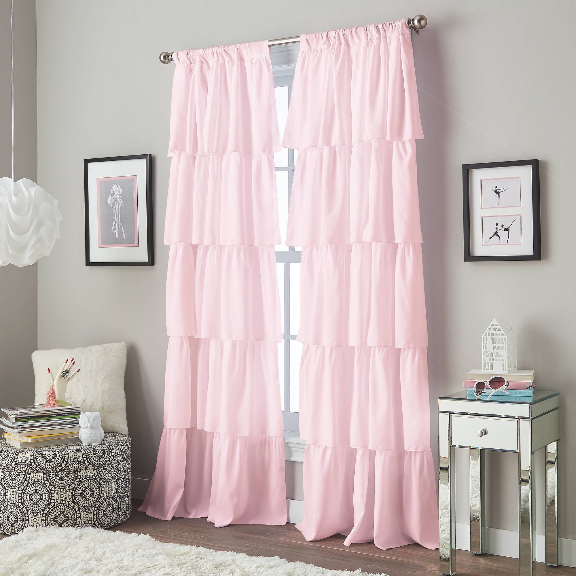 Pink Ruffled Light-Filtering Polyester Rod Pocket Curtain Panel