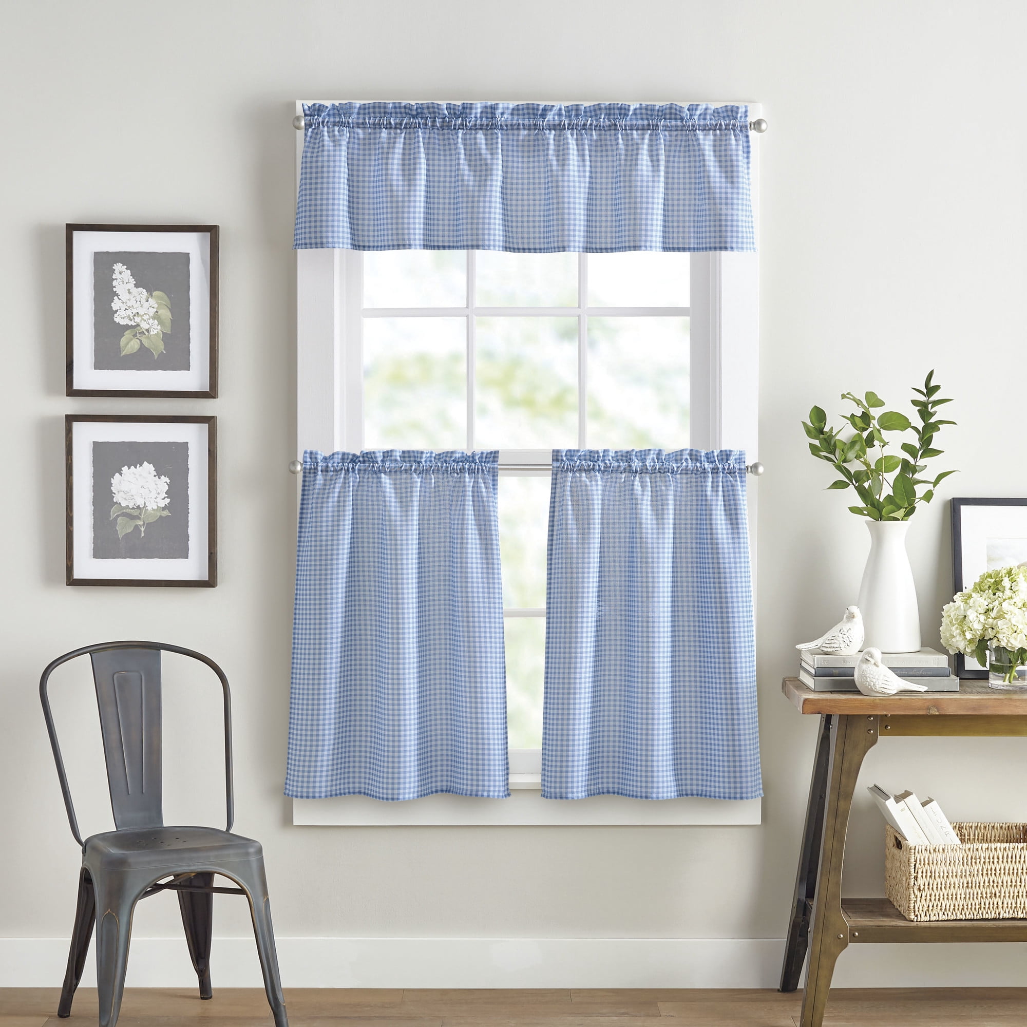 Curtainworks Gingham 3 Piece Tier and Valance Set Blue, Indoor, Pole Top, 56" x 14", Adult