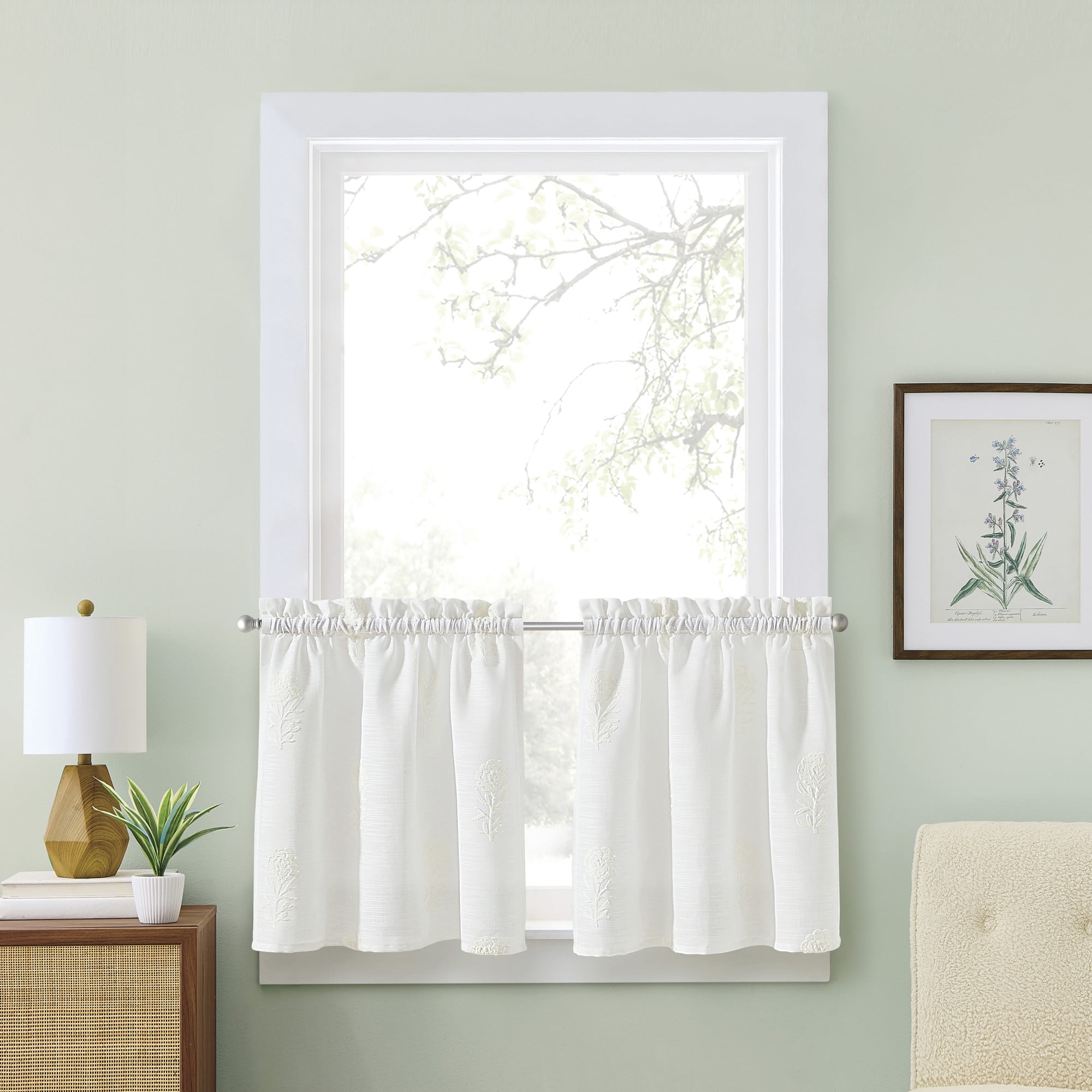 Curtainworks Grace Floral 24" Tier Pair White, Indoor, Rod Pocket, 56" x 24", Adult