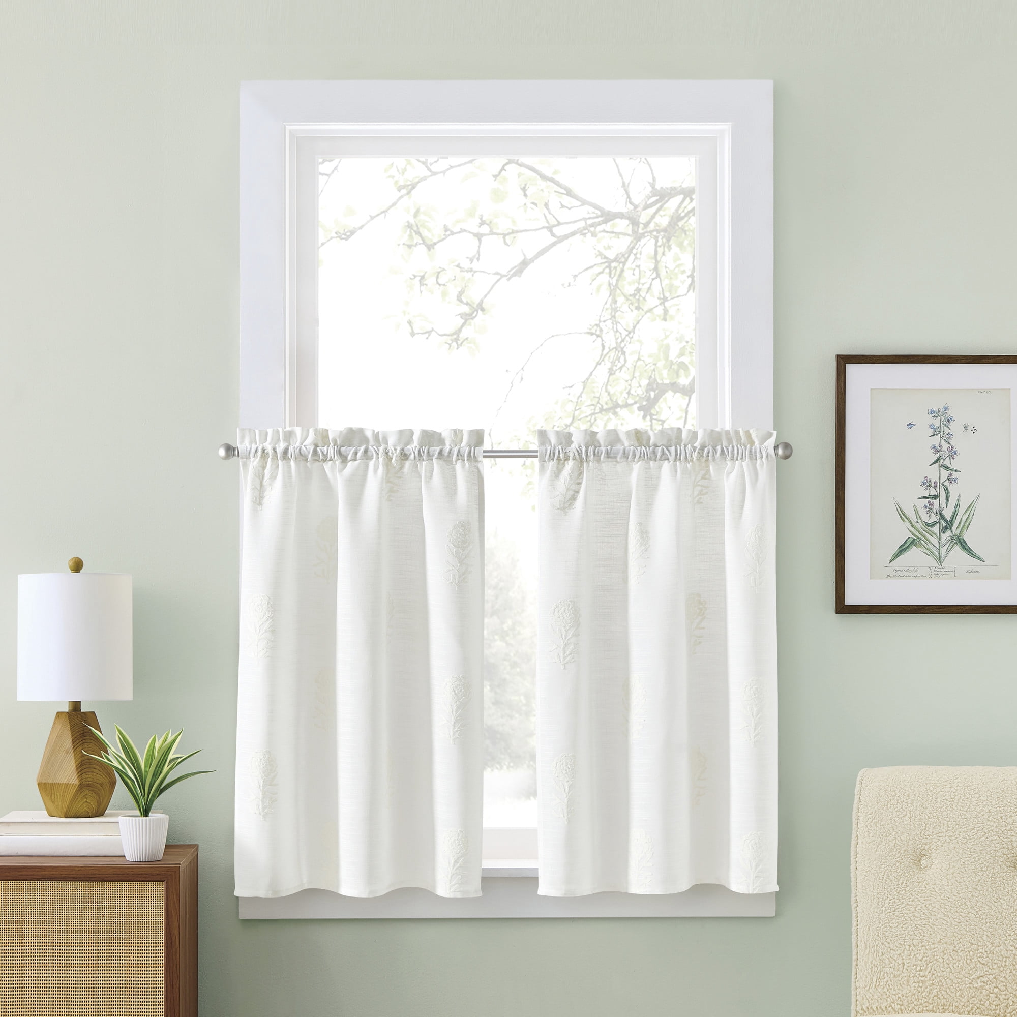 Curtainworks Grace Floral 36" Tier Pair White, Indoor, Rod Pocket, 56" x 36", Adult
