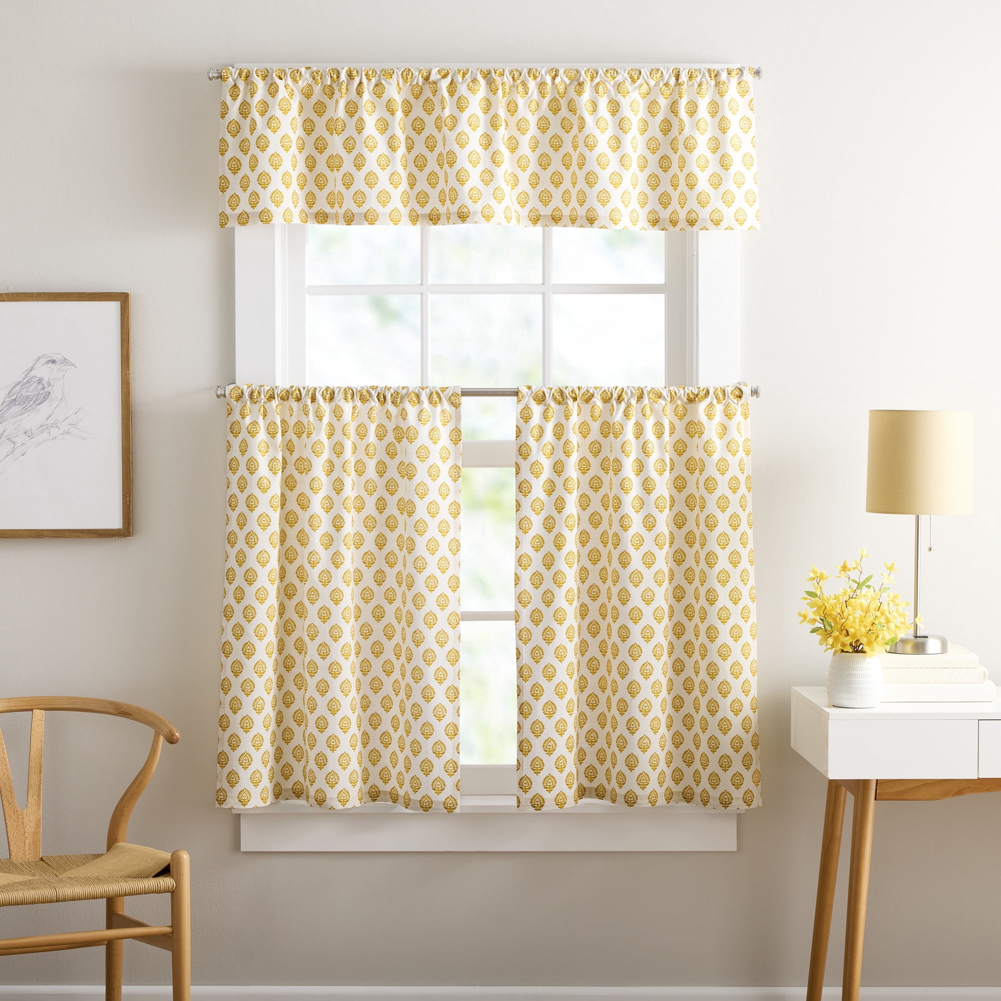 Curtainworks Kiara 3 Piece Valance and Tier Set Marigold, Rod Pocket, Light Filtering, Indoor, 58" x 14" Adult