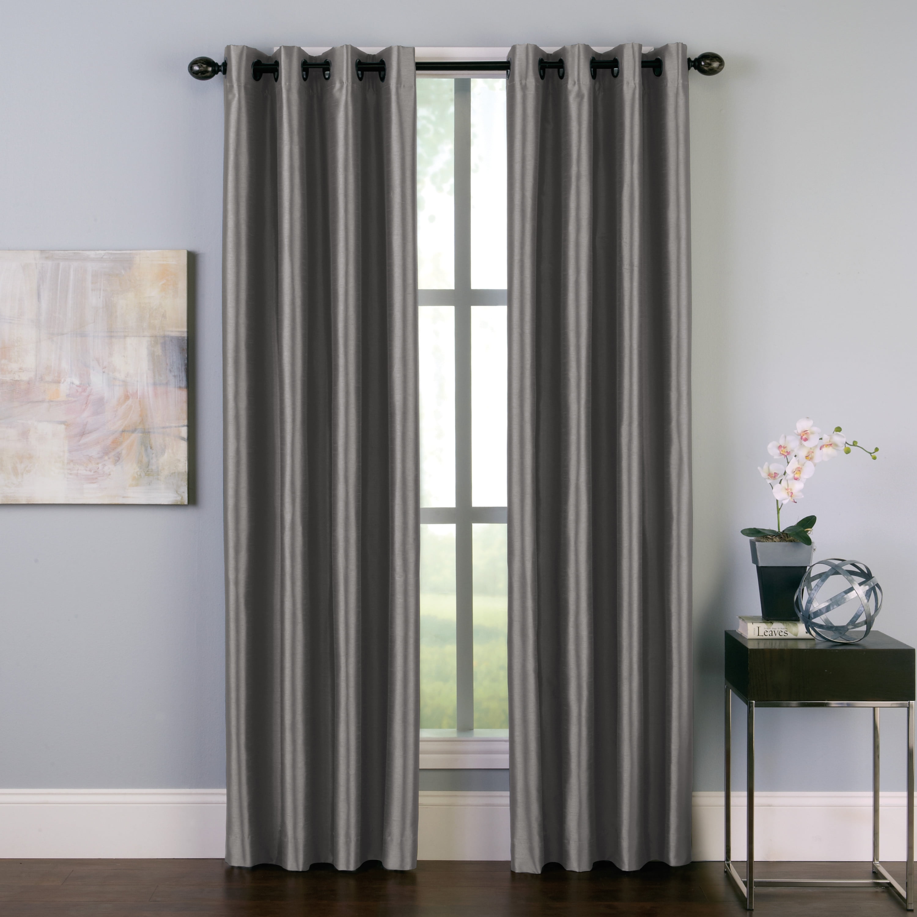 Curtainworks Malta Curtain, Polyester Room Darkening Faux Silk Grommet Single Panel, Pewter, 50" x 84", Adult